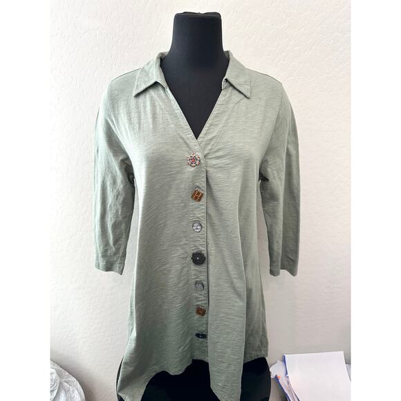 SOFT SURROUNDINGS | Mixed Button Sage Green Cotton Tunic Top | Size Medium - Picture 2 of 7